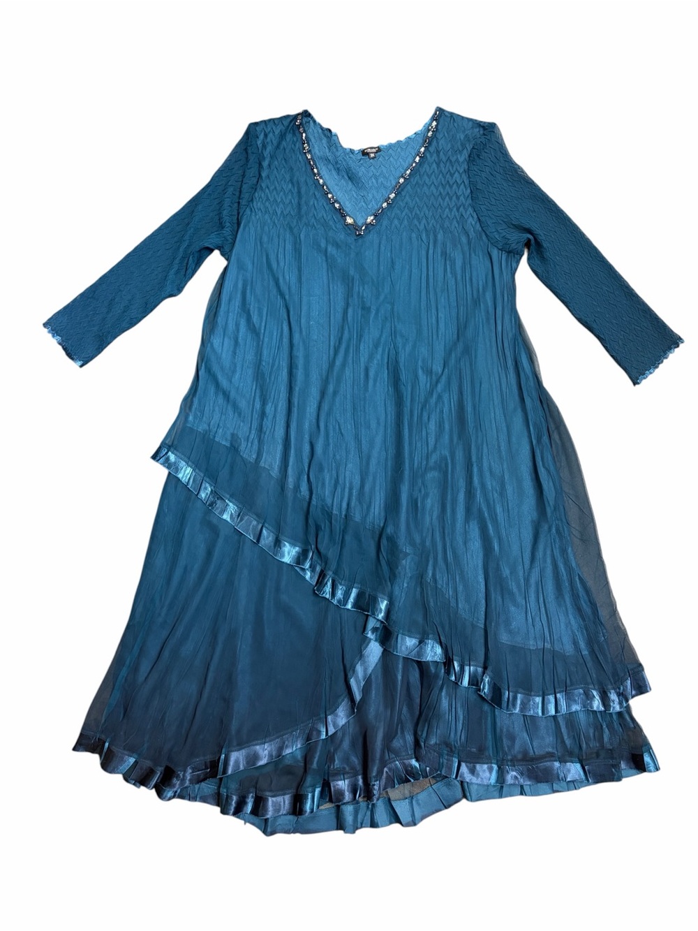 Komarov Teal Textured V-Neck Evening‎ Dress with Embellishment - 3X